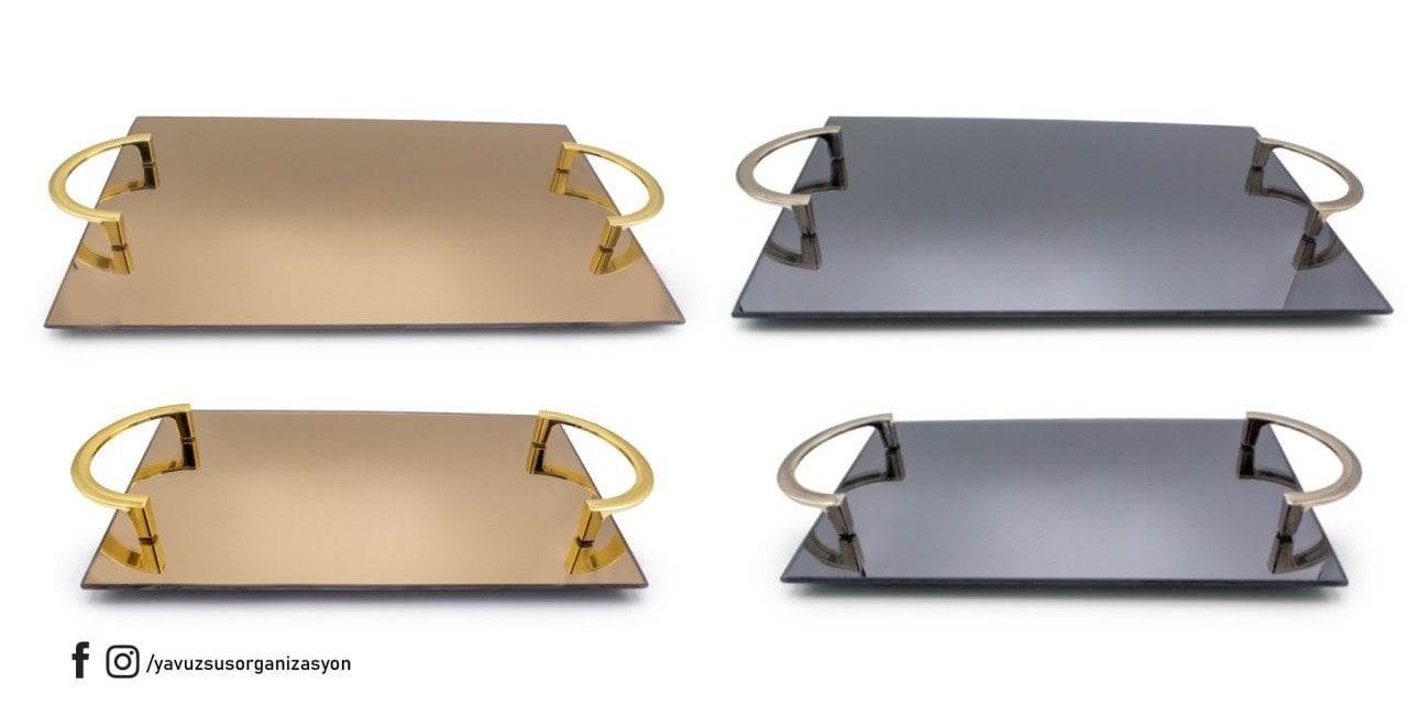 Aynalı Metal Kulplu Tepsi Seti