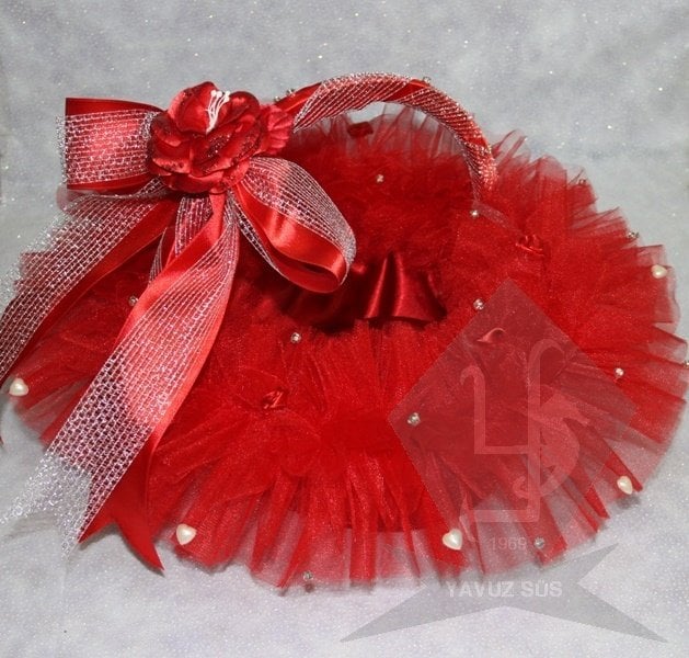 saten güllü fiyonklu kına sepeti PEMBE